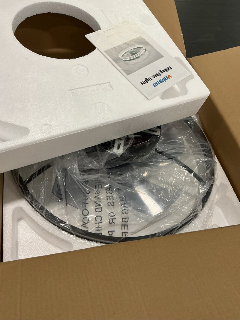 Condition photo showing As Is for VOLISUN Low Profile Ceiling Fans with Lights and Remote, 19.7in Flush Mount Ceiling Fan with Light, 3000K-6500K Dimmable Fandelier LED Fan Light, Black Bladeless Ceiling Fans with Lights for Bedroom Black 19.7 INCH