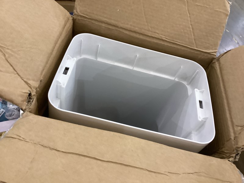 Condition photo showing As Is for Kitchen Trash Can with Lid, Adjustable Height 20L/5.3Gal Rolling Garbage Can on Wheels, Slim Trash Bin Indoor for Bathroom, Bedroom, Living Room & Office - White 20L White