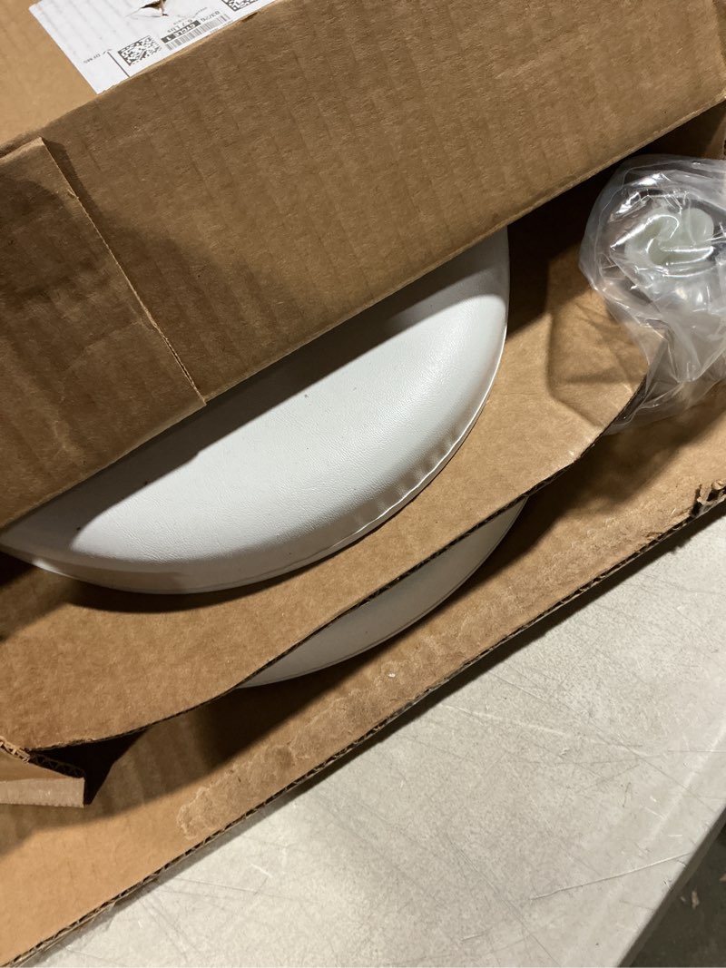 Condition photo showing As Is for mayfair padded toilet seat, cushioned soft vinyl over wood core seat, secure hinges, easy clean, elongated, white elongated white toilet seat