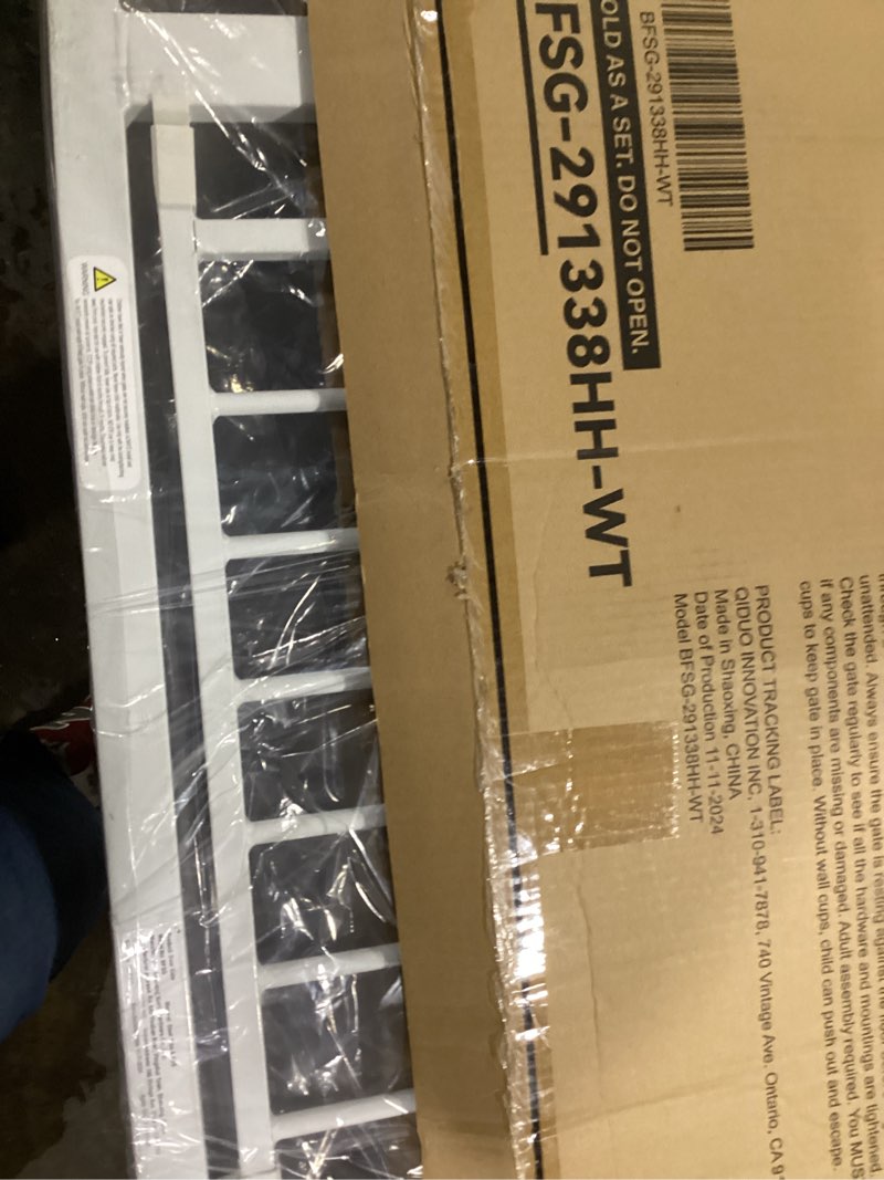 Condition photo showing New/Like New for **similar to**29.9-33.4 in wide baby gate for stairs doorways, auto close child safety gates indoor for dogs pets, pressure mounted metal barrier kids toddler door walk through, 30\" tall, white 29.9\"-33.4\"