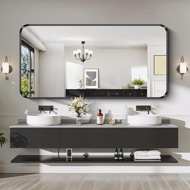 circumi black bathroom mirror, 36"x72" rectangular mirror with deep metal frame, rounded corner, tempered glass, large mirror for wall, over 2 sinks, installed vertically/horizontally, crystal-clear