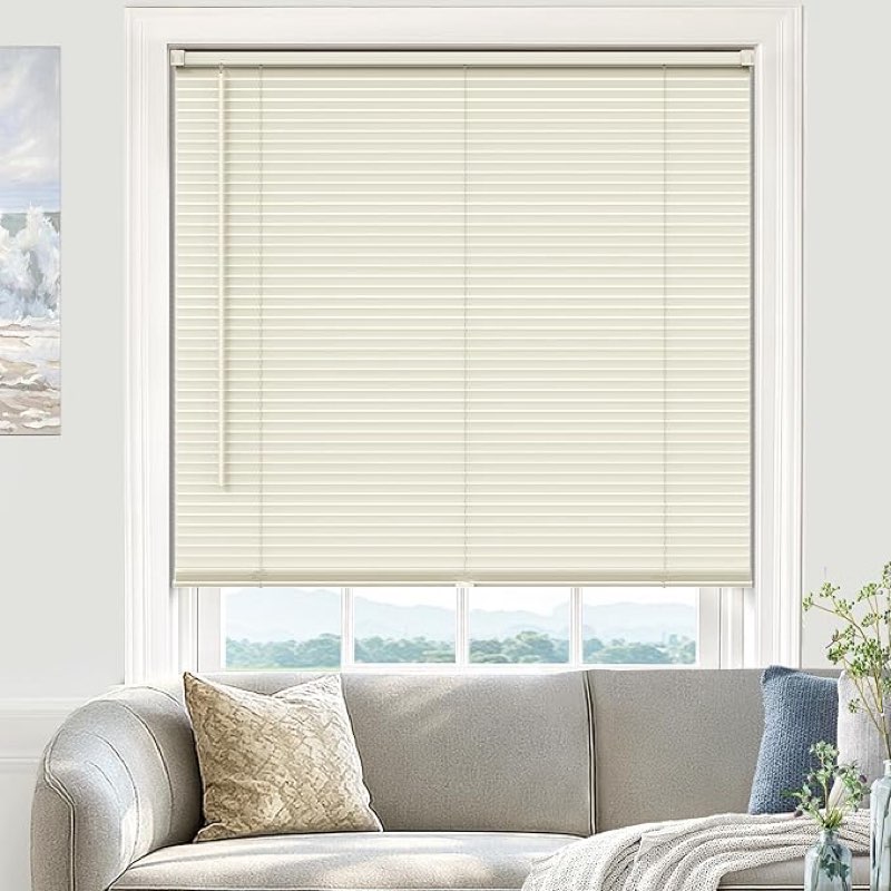 Blinds for Indoor Windows 1" Vinyl L-Shaped Slats Cordless Mini Blinds for Home, 35.5" W × 64" H - Beige