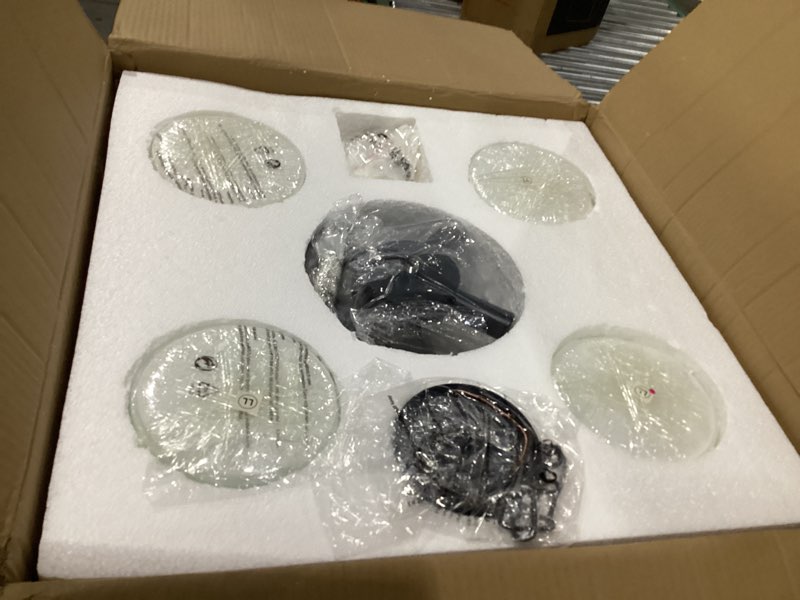 Condition photo showing New/Like New for wellmet modern glass chandelier 22", black farmhouse chandeliers for dining rooms, round light fixture with white frosted glass shade for kitchen island, living room, bedroom, hallway