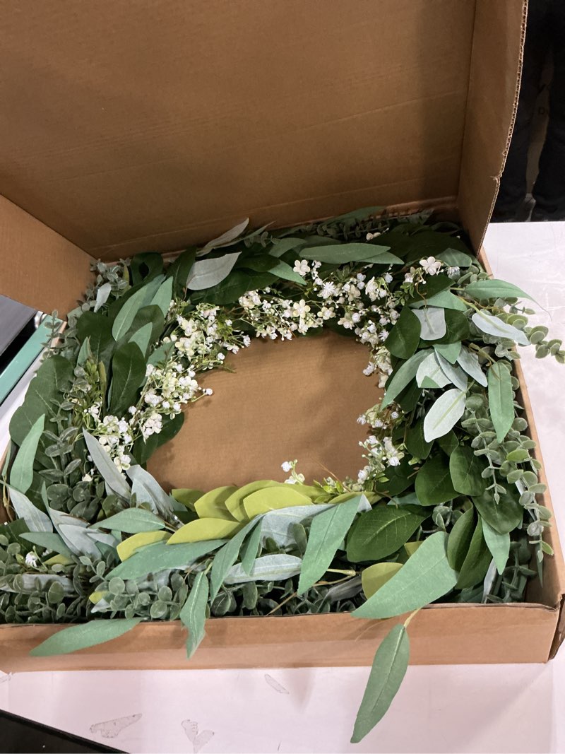 Condition photo showing Good Condition for 32'' eucalyptus and babys breath flowers wreath for front door - large artificial greenery outdoor wreath for porch,window,farmhouse,home,hanging decor- spring, summer, all seasons (green-white) 32"