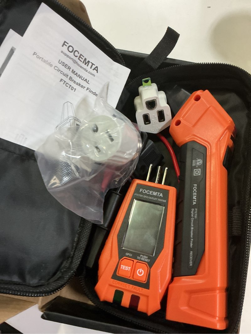 Condition photo showing New/Like New for circuit breaker finder kit with gfci outlet tester for 90-135v ac circuits,includes light socket adapter, 3-2 prong grounding adapter & clip adapter,portable electrical tool with carrying case orange