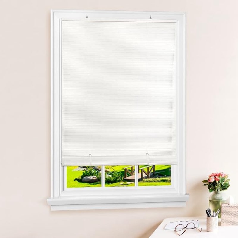 Cordless Solstice Vinyl Roll-Up Blind - 39Inch Width, 64Inch Length, Quarter Inch Vinyl Slats - White - Soft Light Filtering Horizontal Windows Blinds for Indoor & Ourdoor by Achim Home Decor