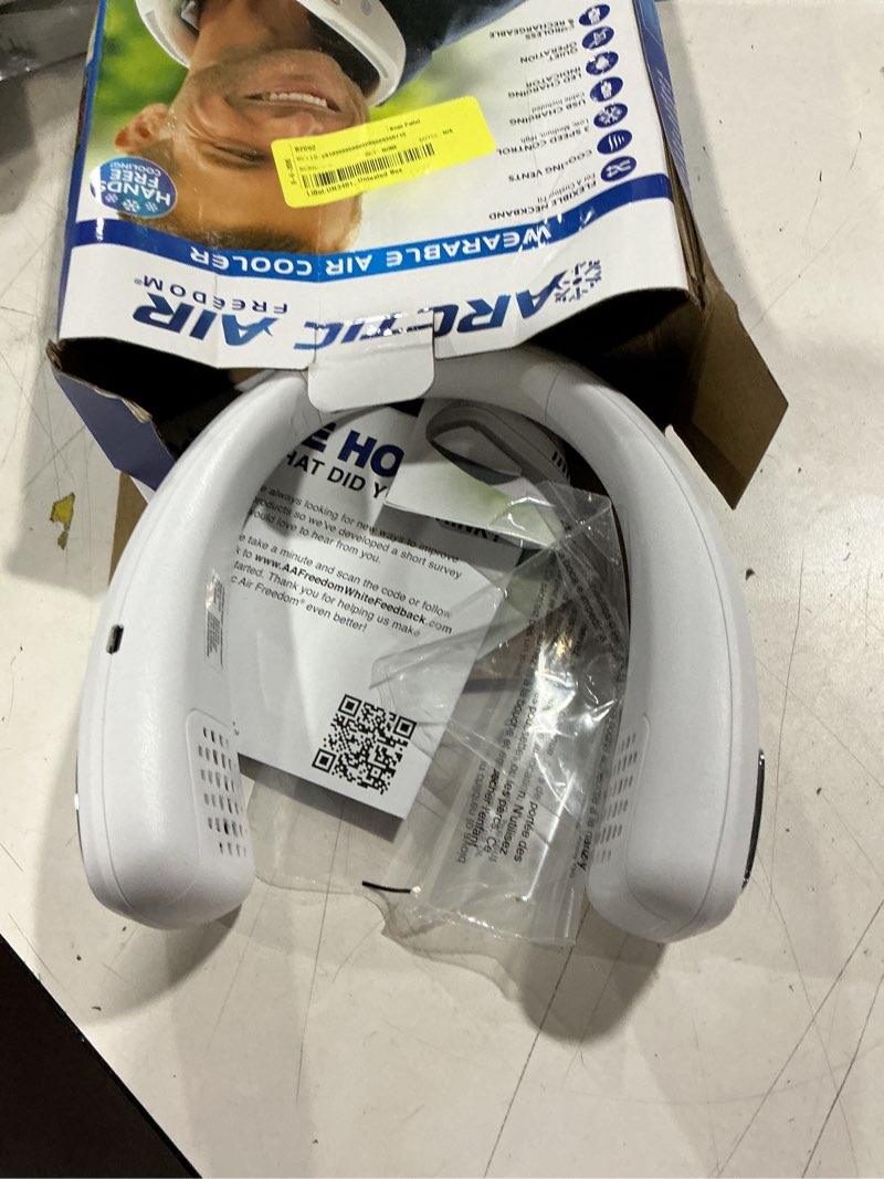 Condition photo showing As Is for arctic air freedom neck cooler, portable neck fan with 3 fan speeds, usb charging, 6-hour battery