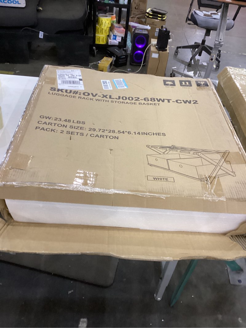 Condition photo showing New/Like New for SONGMICS Solid Wood Luggage Rack, No Assembly Required, Foldable Suitcase Stand, Luggage Holder, with Storage Shelf, for Guest Room, Hotel, Bedroom, Cloud White URLR020W02 1 Pack Cloud White