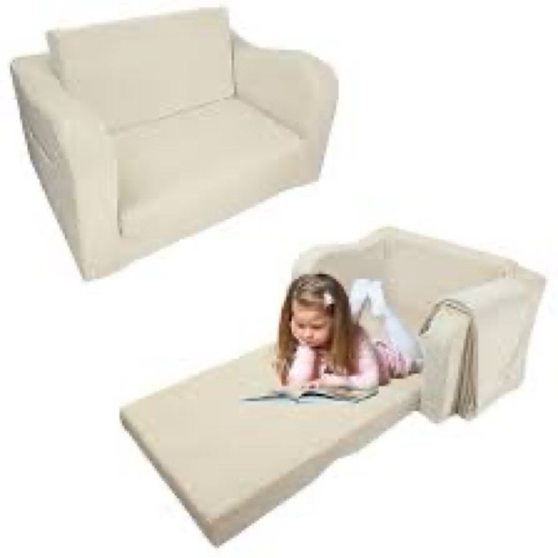 Wonder Space Kids Foam Couch with Blanket, Pre-Assembled Toddlers 2-in-1 Convertible Sofa, Indoor Foadable Lounger Chair & Flip Open Floor Bed for Boys & Girls (Ivory
