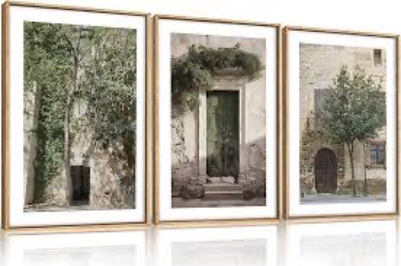 HOURIA Large Vintage Italy City Landscape Framed Canvas Wall Art Set,Green Olive Tree Old House Wall