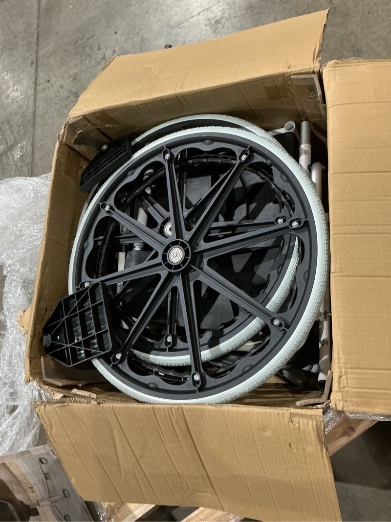 Condition photo showing As Is for vevor shower wheelchair, 17.5in width aluminum alloy bathroom wheelchair for inside shower, adjustable rolling shower chair w/brake for disabled adult, 300 lbs capacity shower commode transport chair self-propelled bathroom wheelchairs