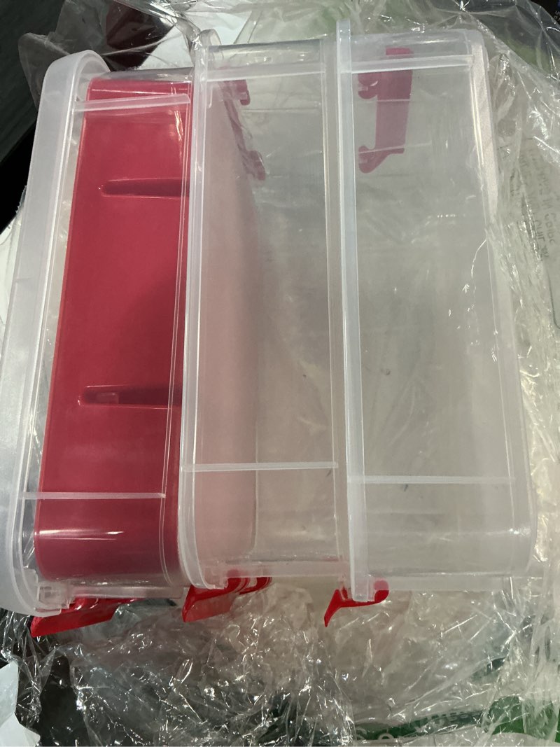 Condition photo showing Good Condition for JUXYES 3-Tiers Stack Carry Storage Box With Divided Tray, Transparent Stackable Storage Bin With Handle Lid Latching Storage Container for School & Office Supplies (Red)