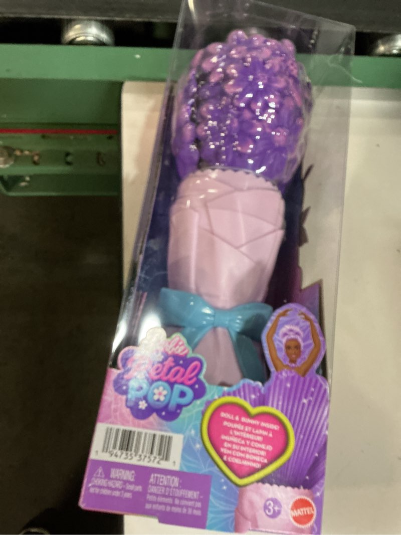 Condition photo showing New/Like New for barbie petal pop scented fashion doll with purple dress, reveal accessories like bunny & more