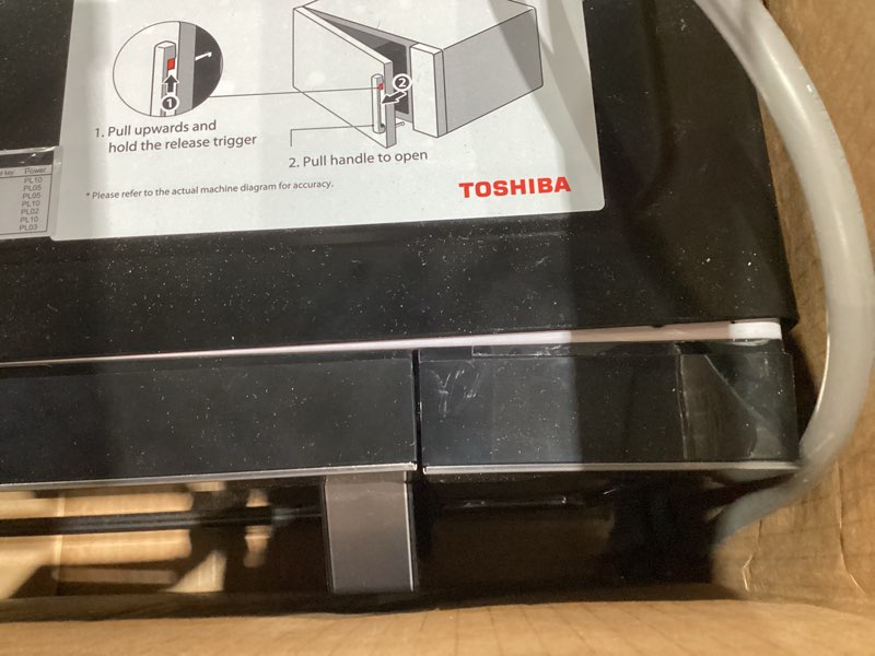 Condition photo showing As Is for TOSHIBA EM131A5C-BS Countertop Microwave Ovens 1.2 Cu Ft, 12.4" Removable Turntable Smart Humidity Sensor 12 Auto Menus Mute Function ECO Mode Easy Clean Interior Black Color 1000W 1.2 Cu.ft