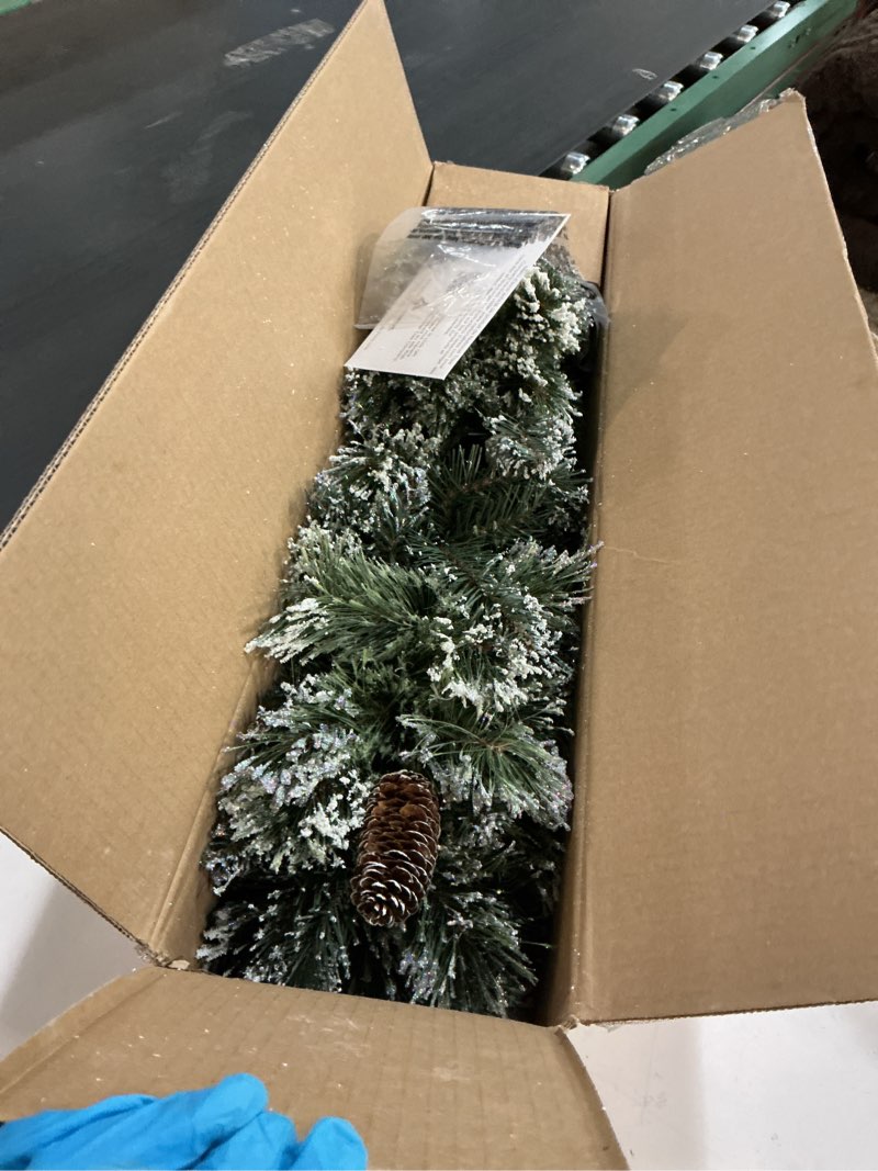 Condition photo showing As Is for National Tree Company 3 ft Pre-Lit Glittery Bristle Mini Artificial Christmas Tree, Pinecones, 35 Clear LED Lights, 144 Tips, Timer, Burlap Base, Green