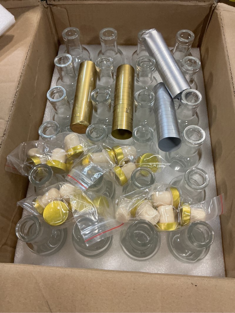 Condition photo showing Good Condition for Clear Glass Bottles 3 oz - 100ml [Pack of 24] for Wine Beverages Drinks Oil Vinegar Kombucha Beer Water Soda with Cork Stopper Airtight Lid