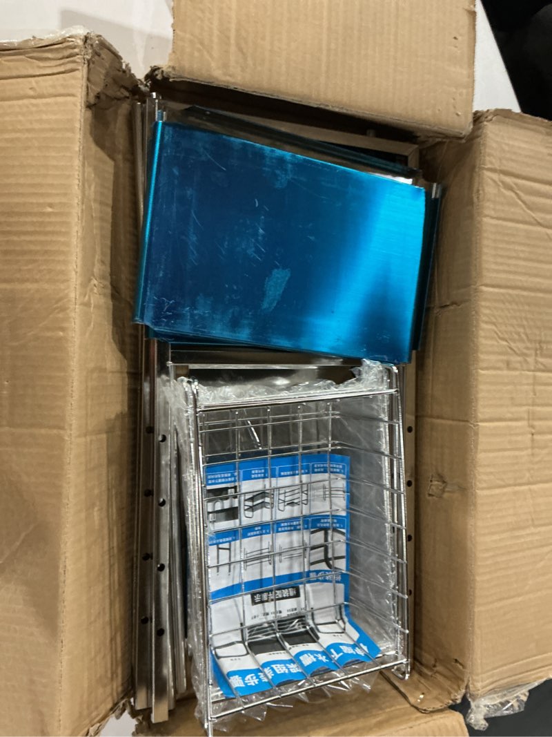 Condition photo showing New/Like New for Large Under Sink Organizer 2 Tier Expandable Heavy Stainless Steel Shelf Adjustable Height for Under Kitchen Bathroom Sink Organizers and Storage (Large Size: 4 Panels 4 Storage Baskets)