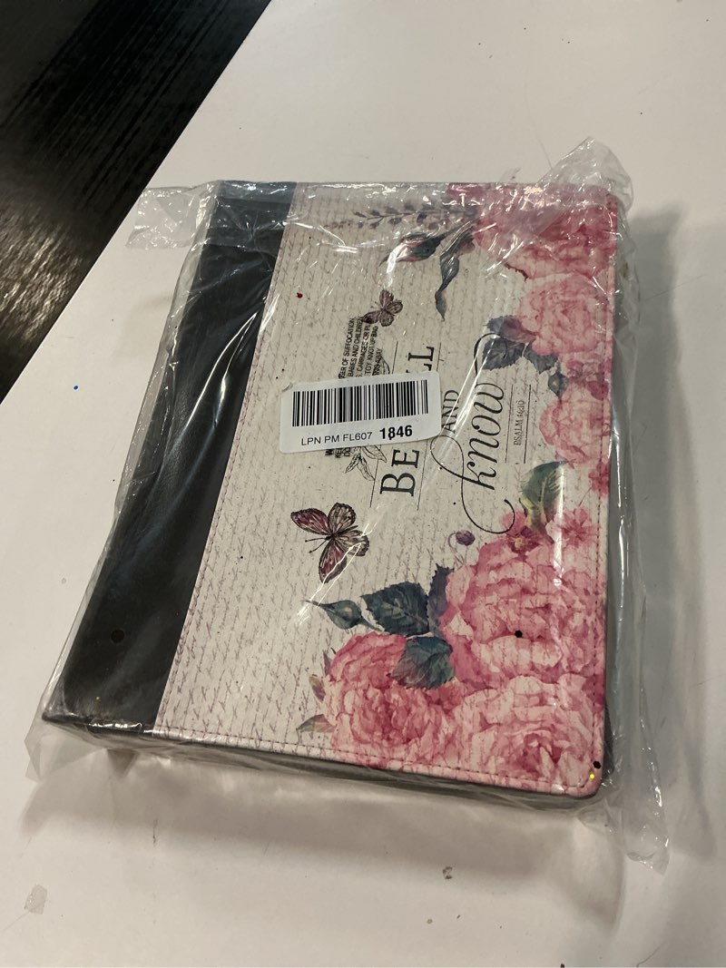 Condition photo showing Good Condition for Christian Art Gifts Women's Fashion Bible Cover Be Still and Know Psalm 46:10, Pink Rose Butterfly, Gray Faux Leather, XL Extra Large