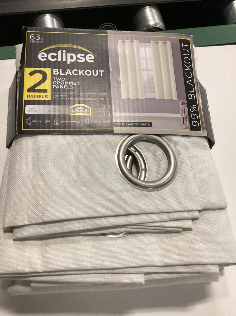Condition photo showing New/Like New for eclipse corte solid blackout curtain, panel pair, white, 37" w x 63" l