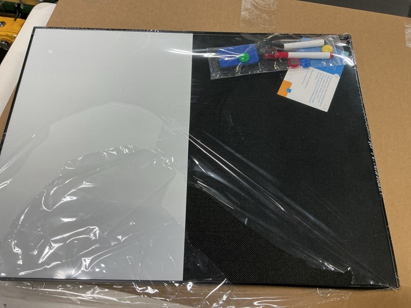 Condition photo showing Good Condition for ARCOBIS Cork Board White Board Combo, 24"X18" Linen Bulletin Board Whiteboard for Wall, Double-Sided Magnetic Dry Erase Corkboard for Home, Office, School, Black Black 24"X18"