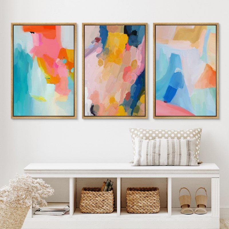 Vibrant Multicolor Paint Stroke Shapes Abstract Colorful Decor Framed On Canvas 3 Pieces Print