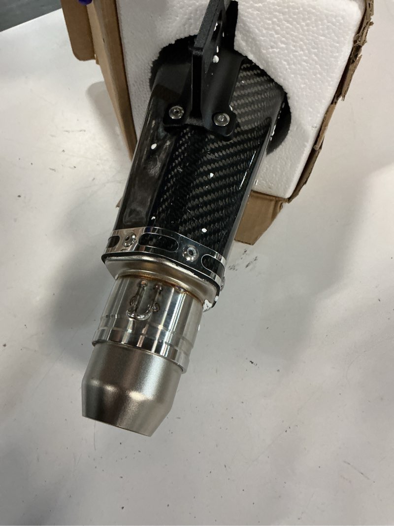 Condition photo showing As Is for exhaust muffler carbon fiber 1.5-2"inlet with removable db killer for street/sport motorcycles and scooters with 38-51mm diameter exhaust pipes