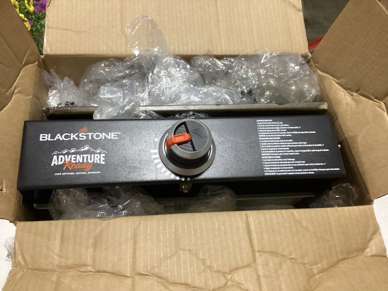 Condition photo showing As Is for blackstone adventure ready outdoor griddle, single burner 17" propane flat top grill, black