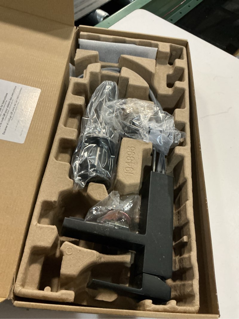 Condition photo showing As Is for moen revyl matte black one-handle single hole modern bathroom sink faucet with optional deckplate and spring loaded drain assembly, 84771bl