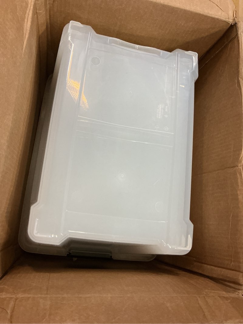 Condition photo showing As Is for IRIS USA 54 Qt Stackable Plastic Storage Bins with Lids, 6 Pack - BPA-Free, Made in USA - See-Through Organizing Solution, Latches, Durable Nestable Containers, Secure Pull Handle - Clear Clear 54 Qt 6 Pack