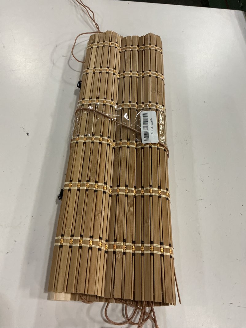 Condition photo showing As Is for hiapes bamboo blinds for interior window, bamboo shades for indoor windows, custom size, easy install roller shades for indoor window and outdoor patio