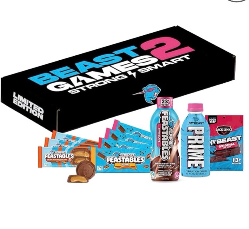 feastables beast games season 2 snack bundle, 10 count, mrbeast chocolate bars & cups, protein milk, hydration drink & beef jerky
