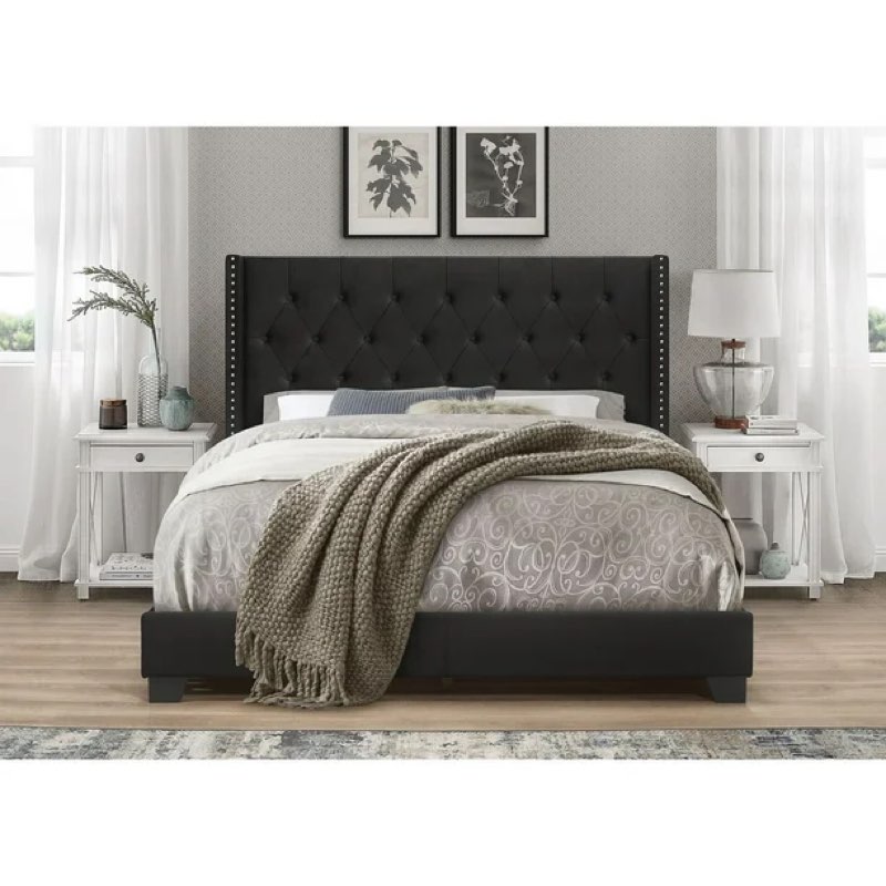Home Design Brady Upholstered Tufted Wingback Panel Bed Frame Black King Velvet