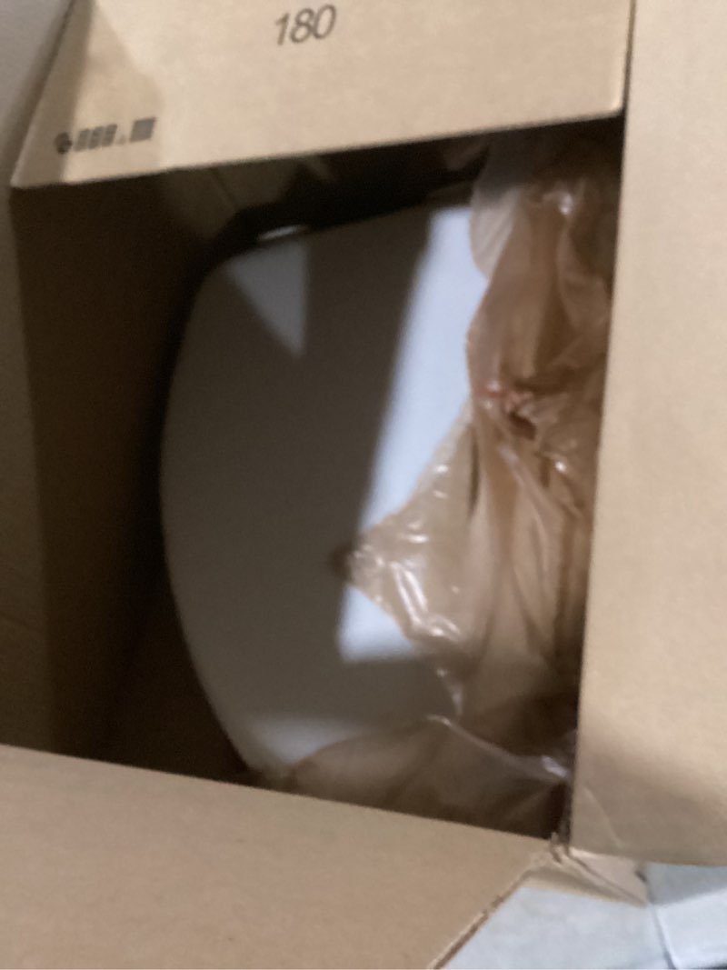 Condition photo showing Good Condition for mayfair padded toilet seat, cushioned soft vinyl over wood core seat, secure hinges, easy clean, made in usa, elongated, white elongated white toilet seat