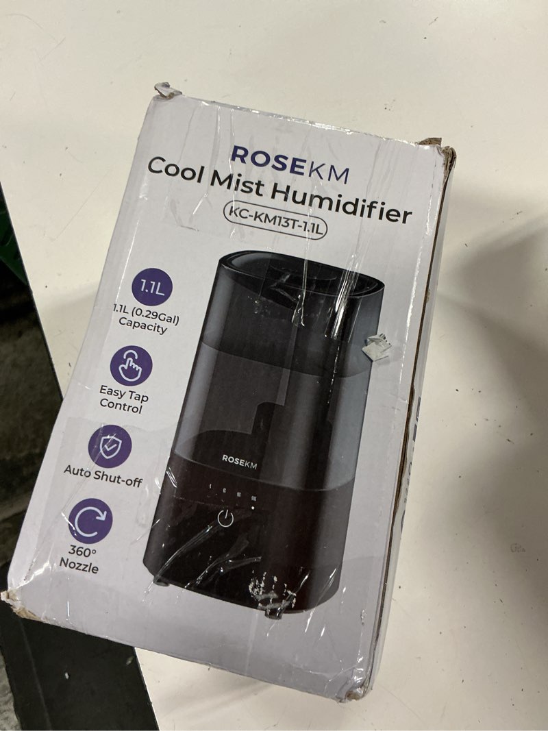 Condition photo showing As Is for rosekm humidifiers for bedroom (1.1l), small cool mist humidifier for home plant and baby nursery, quiet ultrasonic humidifier with 360° nozzle, auto shut-off, filterless, black