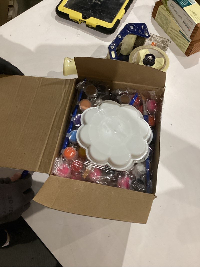 Condition photo showing As Is for Qilery 12 Set Acrylic Paint Kit Mini Stretched Canvas with Easel, Acrylic Paints Strips, Brushes, Palette, Art Set for Adults Birthday Party Favors(6 x 6 Inch)