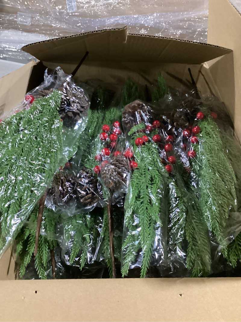 Condition photo showing Good Condition for Giegxin 24 Pcs Christmas Norfolk Pine Branches with Red Berries 16inch Artificial Faux Greenery Norfolk Pine Stems Picks with Pinecones Christmas Table Decorations for Vase Xmas Home Garland Decor
