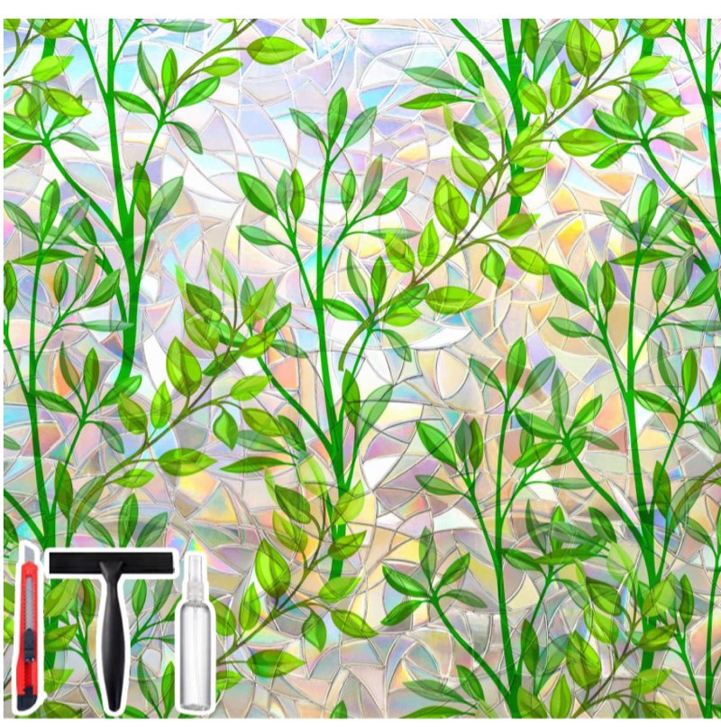 Window Privacy Film with Cutting Grid, Non-Adhesive Stained Glass Window Film Decorative, Static Cli 