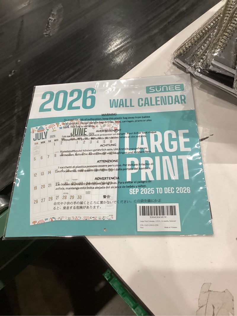 Condition photo showing New/Like New for SUNEE Calendar 2025-2026, Large Print Wall Calendar Sep. 2025 - Dec. 2026, 16-Month, Monthly Planner with Big Grid, Big Wall Calendar for Home Office Planning, 12" x 24" (Open)