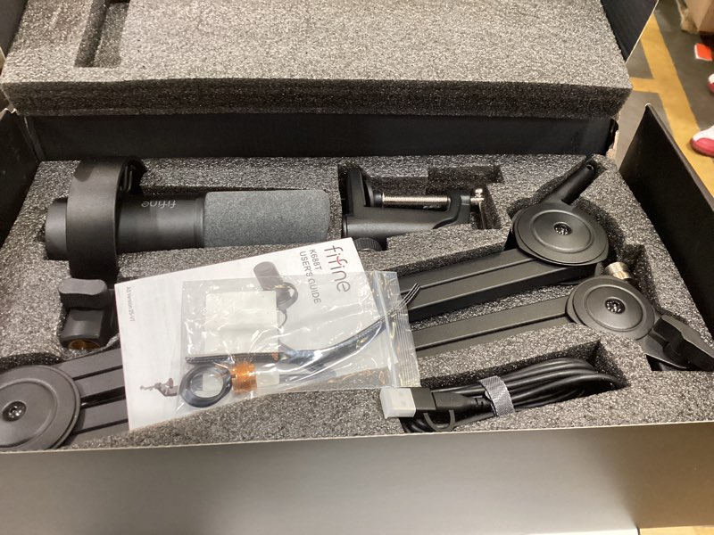 Condition photo showing As Is for FIFINE Dynamic Podcast Microphone Set with Boom Arm Stand, Studio XLR/USB Microphone for Recording Vocal Streaming, Metal Mic with Mute Tap, Headphone Jack, Heavy Duty Boom Arm-K688T Black