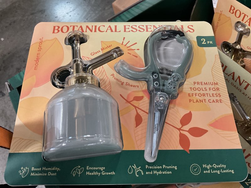 Condition photo showing New/Like New for modern sprout gardening shears and glass plant mister set purple & green