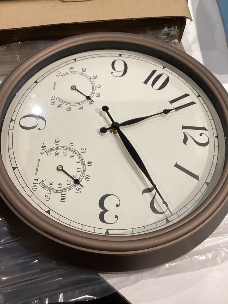 Condition photo showing Good Condition for Bernhard Products Indoor/Outdoor Wall Clock Bronze 13 Inch Silent Non Ticking with Temperature & Humidity Gauge Weather Thermometer & Hygrometer Combo Battery Operated - Kitchen Living Room Patio