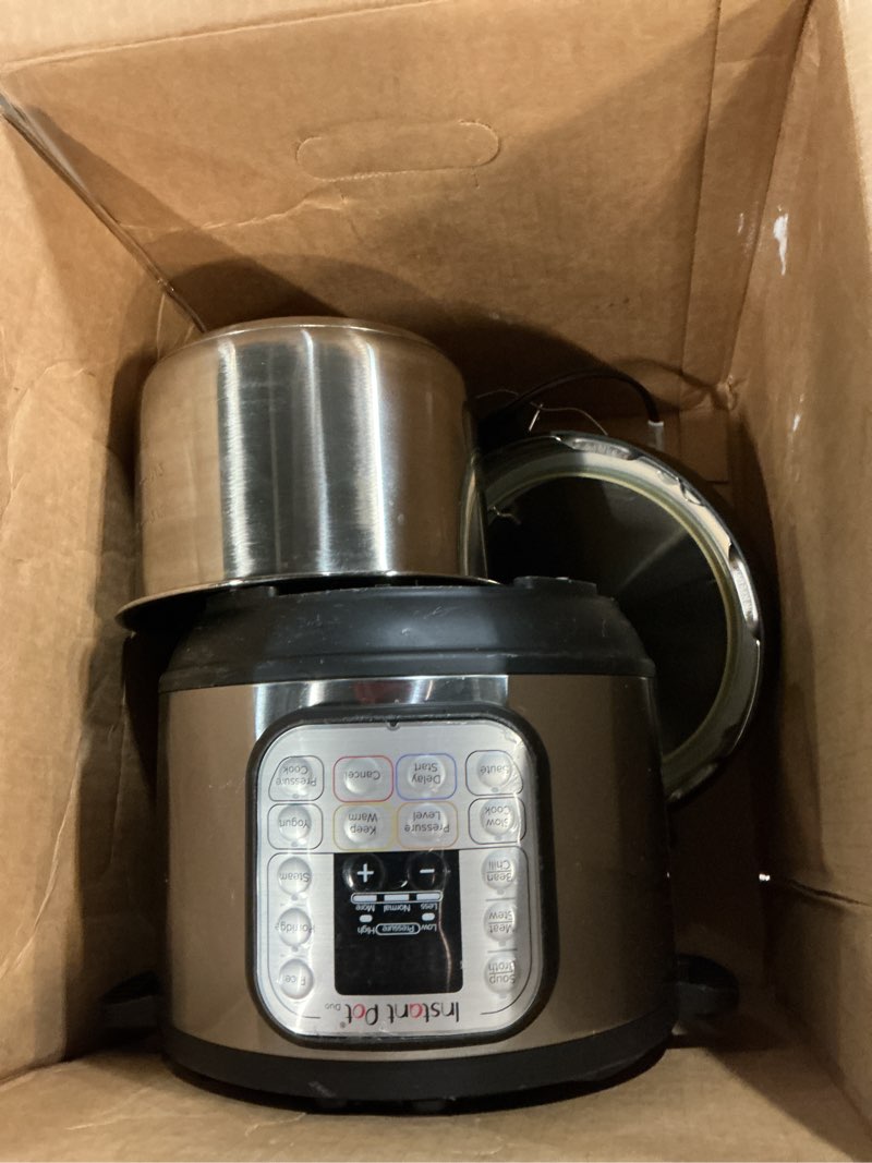 Condition photo showing As Is for instant pot duo 7-in-1 electric pressure cooker, slow cooker, rice, steamer, sauté, yogurt maker, warmer & sterilizer, includes app with over 800 recipes, stainless steel, 6 quart 6 quarts