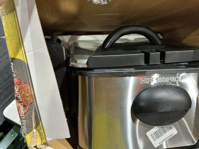 Condition photo showing As Is for chefman 4.5 liter deep fryer w/basket strainer, xl jumbo size, adjustable temperature & timer, perfect for fried chicken, shrimp, french fries, chips & more, removable oil-container, stainless steel large