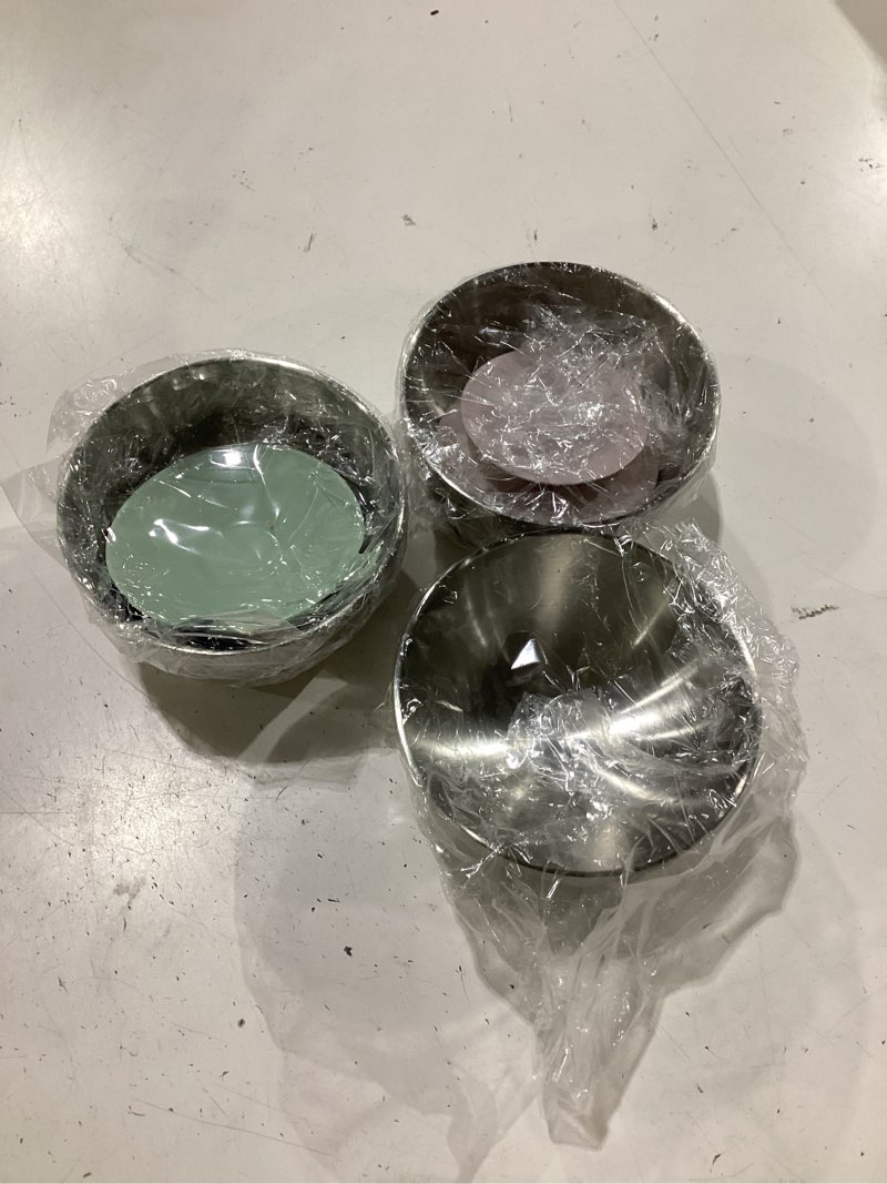 Condition photo showing As Is for **missing one silicone bottom**greentainer 3 pack stainless steel baby bowls, unbreakable toddler bowl with removable non-slip silicone suction, double wall insulated kids metal bowls for cereal & snack, dishwasher safe multicolor