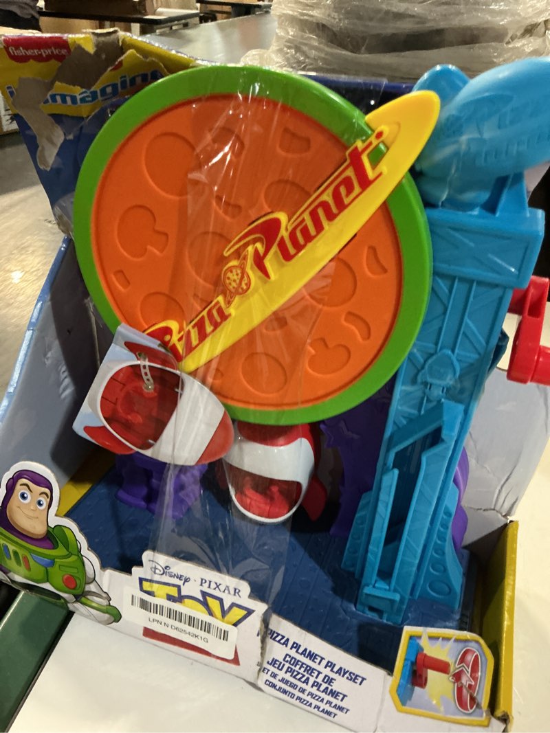 Condition photo showing Good Condition for fisher-price imaginext disney and pixar toy story pizza planet playset with 3-inch buzz lightyear & alien friend action figures, toy rocket & proectiles