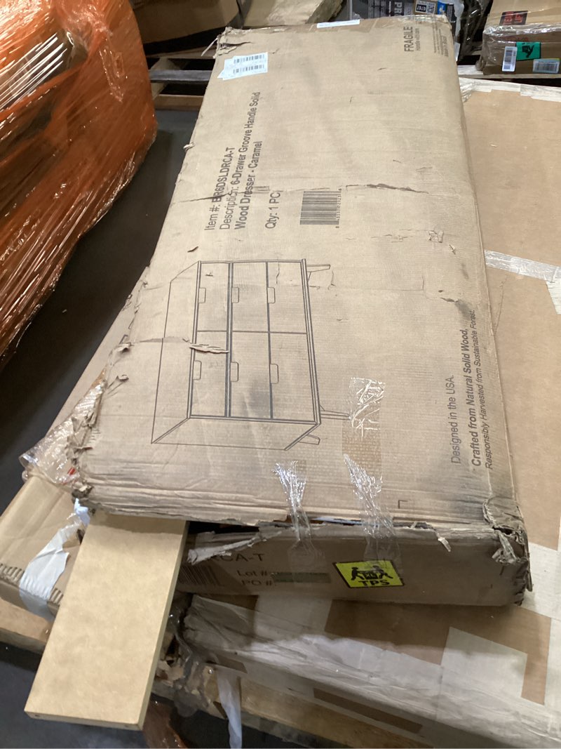 Condition photo showing As Is for Walker Edison Sloane 6-Drawer Groove Handle Solid Wood Dresser, 52 Inch, Caramel Caramel 19"D x 52"W x 32.9"H (6 Drawers) Groove Handle