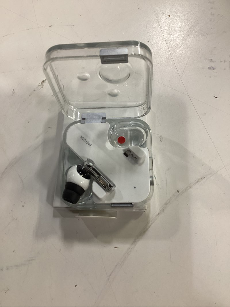 Condition photo showing As Is for nothing ear (3) wireless earbuds super mic 45db hybrid active noise cancelling bluetooth headphones hi-res 6 mics, 12mm dynamic bass boost, dual connect anc sport ear buds for iphone android, white white small modern
