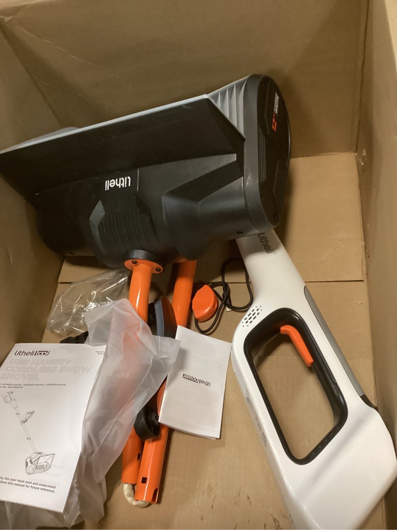 Condition photo showing As Is for Litheli Cordless Snow Shovel, 20V 12'' Electric Snow Blower for Driveway, Battery Powered Snow Thrower, 4.0Ah Battery Included