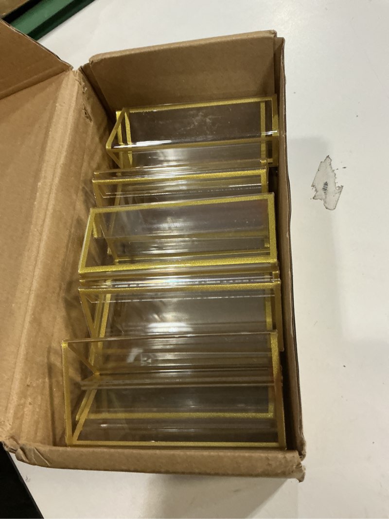 Condition photo showing Good Condition for 4x6 Gold Acrylic Sign Holder, 12 Pack Wedding Table Number Holder Stands with Vertical Gold Borders, Double Sided Picture Frame Paper Stand, Clear Photo Display Menu Holder for Party, Home, Restaurant Vertical-12 Pack-4 x 6