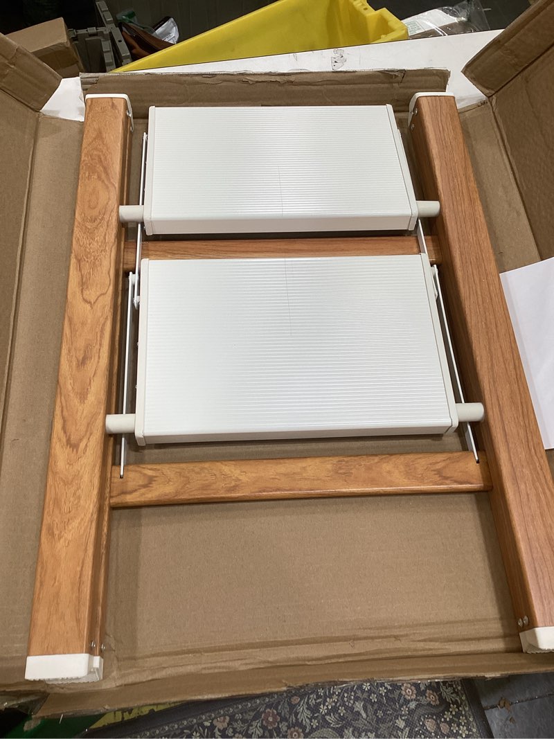 Condition photo showing As Is for mayi plus 2-step aluminum ladder,lightweight folding step stool with extra-wide anti-slip steps,330 lbs capacity,compact space-saving design for home,kitchen and office?white&woodgrain? white&woodgrain 2 step